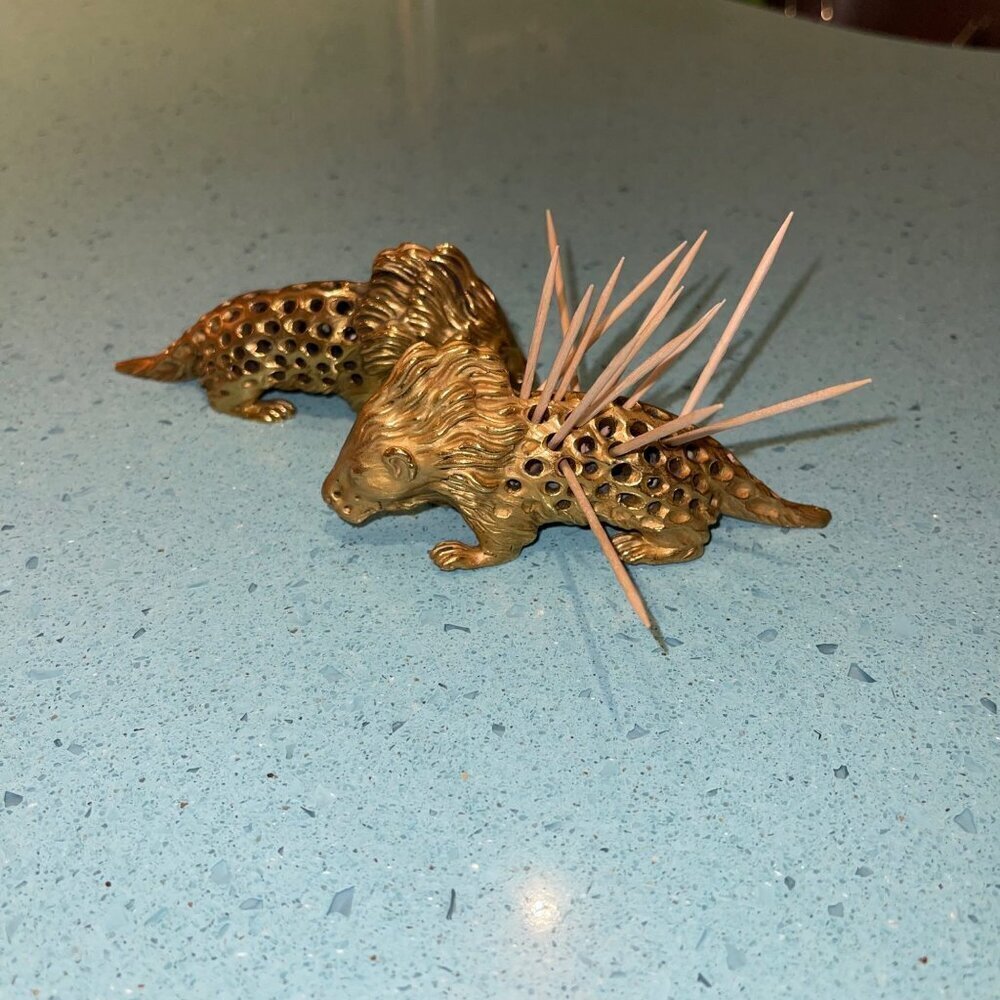 Odiot Paris Vintage Toothpick Holder Gold Porcupine Figurine Set of 2 Rare - Picture 2 of 9